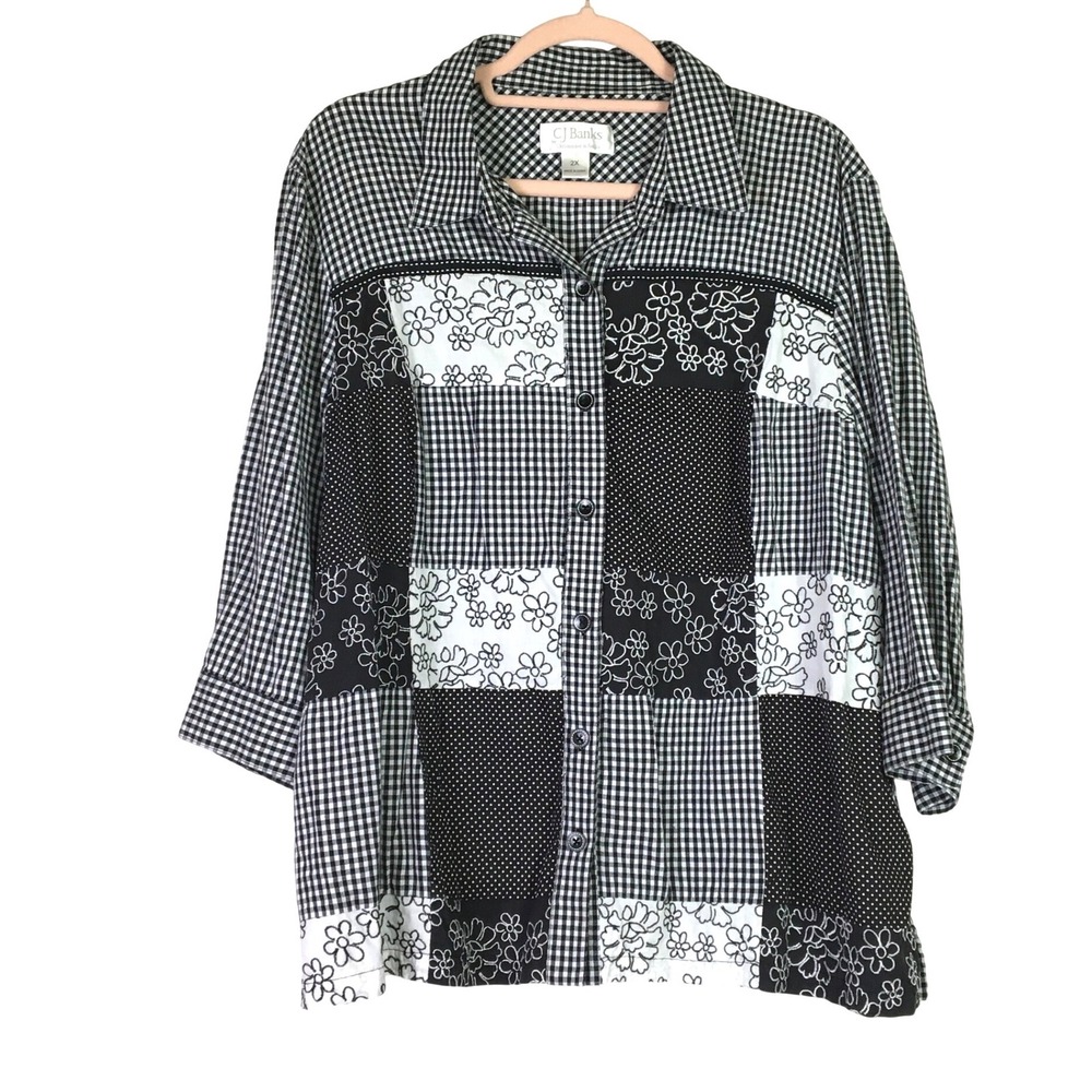 CJ Banks Patchwork Gingham Floral Embroidery Button‎ Front Shirt 2X Black White